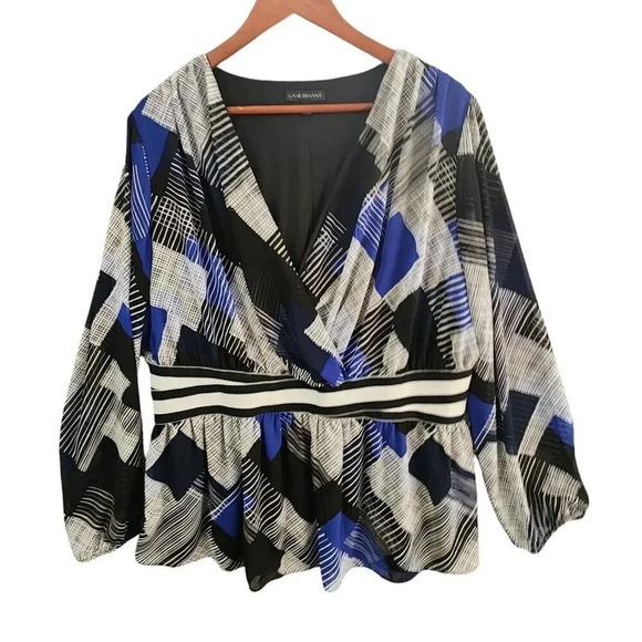 Lane Bryant Surplice Top Peplum Flowy Chiffon Size 18/20 Blue Black V Neck - Picture 1 of 7